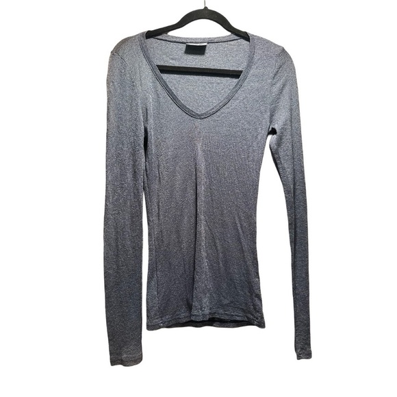 Michael Stars Long Sleeve V Neck Stretchy Blue Metallic Shimmery Top One Size - Picture 1 of 13